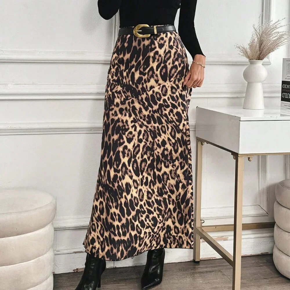 Multicolor Elegant Women's Casual High-Waisted Leopard Print Long Skirt - Picture 1 of 6